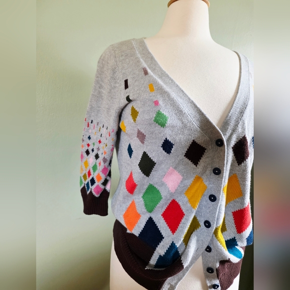 Anthropologie Ingrid Hass Colorful Cotton Diamond Cardigan Size Medium - Picture 3 of 6